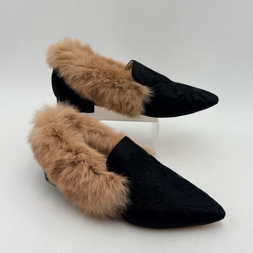 Divanne‎ Black Embroidered Mules Rabbit Fur Trim Pointed Toe Sz 8 Hollywood Glam